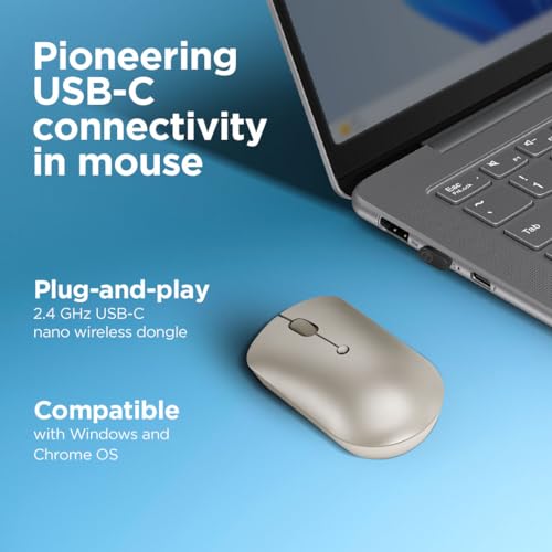 Image of Lenovo 540 USB-C Compact Wireless Mouse (2400 DPI Sensor, 2.4GHz Wireless Nano USB, 4-Button (Left Click, Right Click, Scroll Click, DPI)|Ambidextrous Design|3 Year Warranty | Sand), GY51D20873