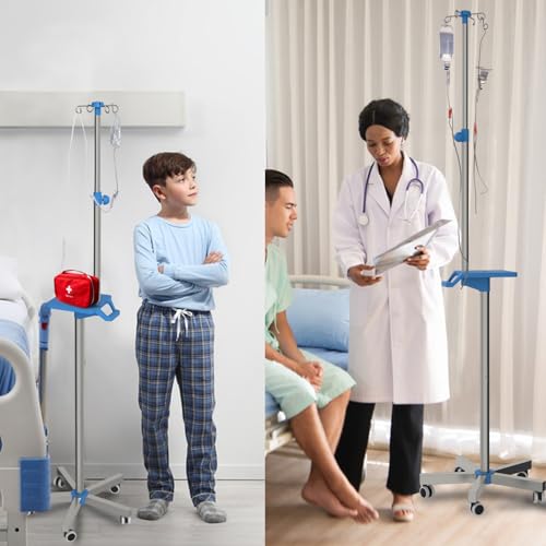 Rolling IV Pole with Tray - Stainless Steel 4 Hooks IV Stand with Wheels Height Adjustable for Clinic Home Care