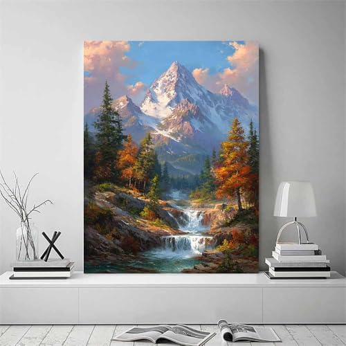 Peinture décorative automne et paysage montagnard vert encadré