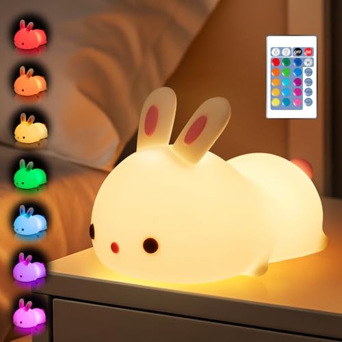 One Fire Luce notturna per bambini, 16 colori+luce allattamento dimmerabile+telecomando lampada da notte per cameretta dei bambini, decorazione in morbido silicone, kawaii, coniglietto, lampada da