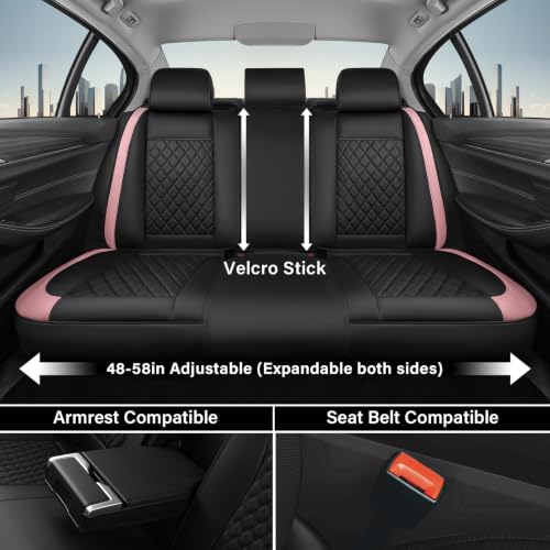 Image of Coverado Car Seat Cover 5 Seats, Luxury Diamond-Pattern Leather Seat Covers Full Set, Durable Waterproof Car Seat Protectors, Black and Pink Seat Cover, Automotive Seat Covers Universal Fit Most Cars
