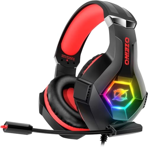 Gaming Headset for PC, Ps4, Ps5, Xbox Headset with 7.1 Surround Sound, Gaming Headphones with Noise Cancelling Mic RGB Light Over Ear Headphones for Xbox Series X/S, Switch -Red by Ozeino - Used condition - CA$33.59