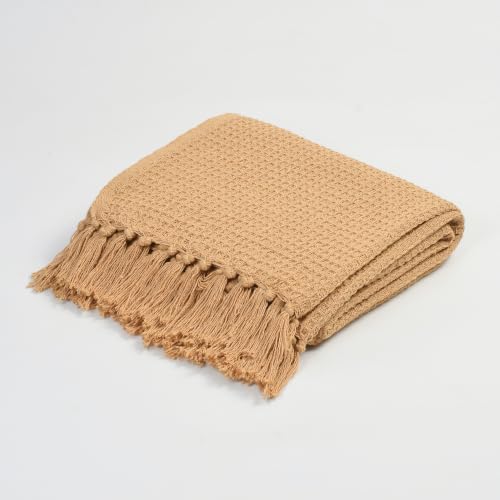 Image of Handloom Cotton Throw for Sofa & Bed | Soft Lightweight Boho Blanket | Decorative All-Season 100% Cotton Sofa Throw - 50x60 inch (Beige)