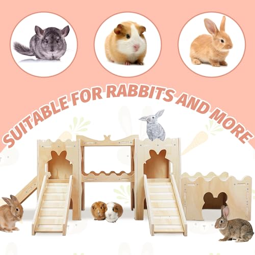 NICERINC PET Castelo de coelho de madeira extra grande, túnel e cama de esconderijo de animais peque