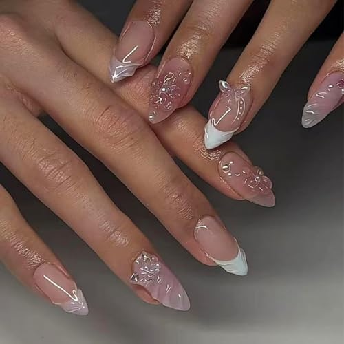 Image of White French Tip Press on Nails 3D Flower Fake Nails with Pearl Design Butterfly Glue on Nails Glossy Acrylic Full Cover Nude Stick on Nail Short Almond False Nail for Women Manicure 24Pcs