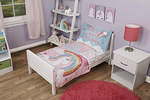 Image of Baby Boom Funhouse Unicorn Love 4 Piece Toddler Bedding Set - Includes Comforter, Sheet Set - Fitted + Top Sheet + Reversible Pillowcase for Girls Bed, Pink