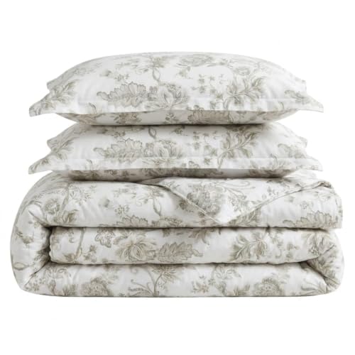 Image of Martha Stewart - Twin Comforter Set, Smooth Sateen Front with Subtle Sheen & Lightweight Cotton Percale Reverse, 2 Piece Bed Set with Matching Pillowcase (Avery Floral Grey)
