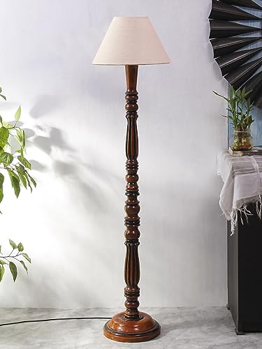Image of White Jute Shade Wooden Floor Lamp with Wooden Base, Height - 53 Inches | Contemporary Standing Lamp for Living Room, Bedroom & Office | Elegant Lighting for Stylish Home Interiors