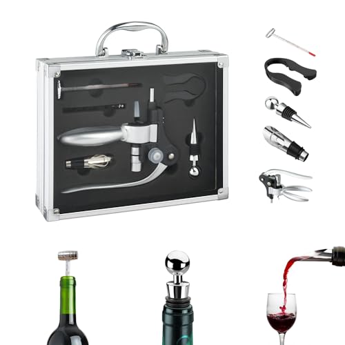Avilia Set Attrezzi per Vino - Kit Sommelier 6 Pezzi con Valigetta, Cavatappi in Acciaio Inox e Termometro, Ideale per Esperti e Appassionati, 27.5x21.5x7cm