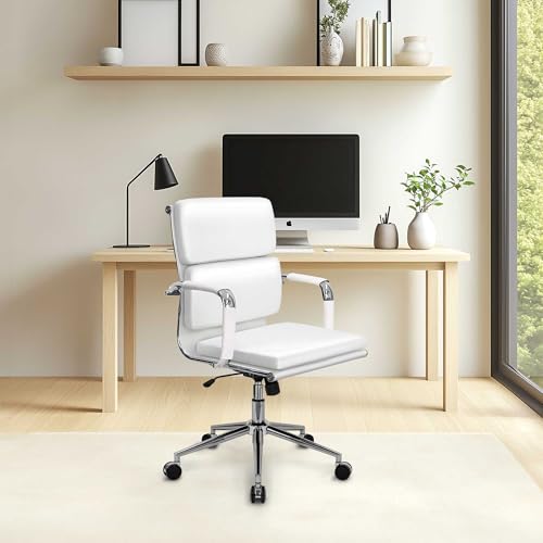 NEO CHAIR Office Desk Ergonomic Chair Leather Executive Mid-Back Modern Conference Comfy Adjustable Padded Swivel Rolling Home Vanity Chairs with Arms Wheels (White)