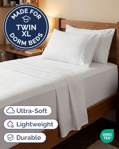 Image of Extra Deep Twin XL Sheet Set - 4 Piece Breathable & Cooling Sheets - White | Hotel Luxury Bed Sheets Set, Easy & Secure Fit, Ultra-Soft, Wrinkle & Fade Free, Comfy Sheets Set with Extra Deep Pockets