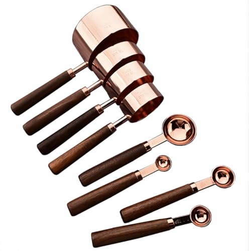 8 pieces Rose Gold Copper Measuring Cups Set and Measuring Spoons Set with Scale, BRIIEC Wooden Handle Stainless Steel Dry & Liquid Measuring Cup for Cooking Baking -  E-xsm-lbls-8p-rose