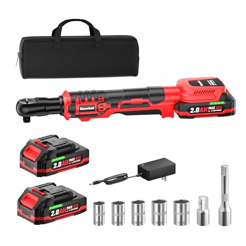 Ruzorbolt 20V Cordless Ratchet Wrench 3/8' Set, 88 Ft-lbs(120N.m), 500 RPM, Electric Ratchet Wrench with 2PCS 2000mAh Batteries, Variable Speed, LED Light, 5 Sockets, 1/2' Adapter, 3' Extension Bar