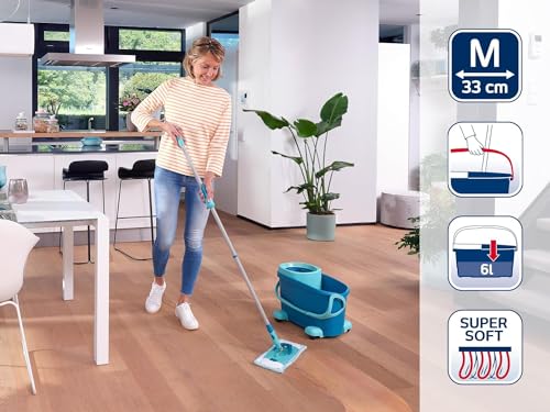 Leifheit Set CLEAN Twist M Flachwischer Ergo 2.0 mit Rollen, Bodenwischer mit Supersoft Bezug für nebelfeuchte Reinigung auf Parkett, Laminat & Echtholz, Mop mit Click-System und Schleudertechnologie – Bild 3