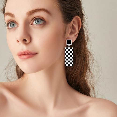 KaFu Checkerboard Earrings for Women 70s 80s Retro Acrylic Black White Striped Checkered Geometric Dangle Earrings Resin Rectangle Earrings Statement Jewelry4