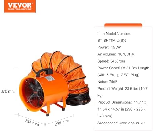 Bild 6 - VEVOR Bauventilator 195-W-AC-Motor Baugebläse 2900 U/min Baulüfter Gebläse 504 L/s (1070 CFM) Axiallüfter mit 5 m Schlauch Axialgebläse 79 dB Geräuschpegel Industrielüfter