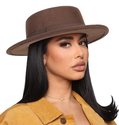Pork-Pie-Fedora-Hat Wide Brim Felt Flat-Top-Boater Hat for Men Women
