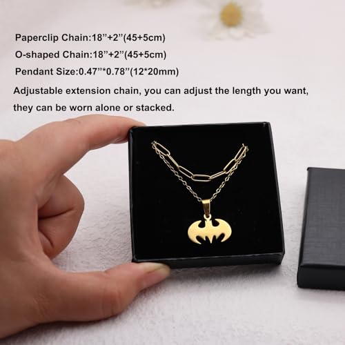 ClosJery Bat Necklace for Men Women Stainless Steel Gold Silver Lightweight Fashion Anime Goth Cool Hippie Bat Pendant Necklace Jewelry Gift (Paperclip Chain Gold) — view 6