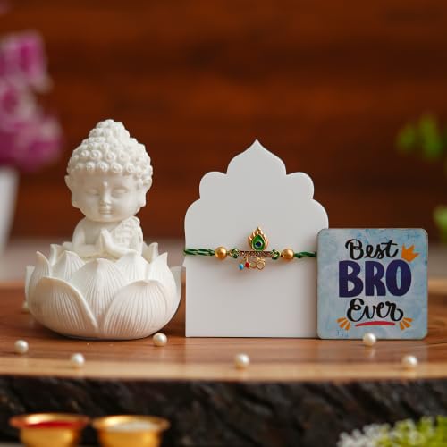Image of eCraftIndia Divine Krishna Rakhi Gift Set for Brother with Meditating Buddha Showpiece & Best Bro Ever Fridge Magnet | Premium Designer Rakhi with Roli Chawal | Raksha Bandhan Gift Hamper