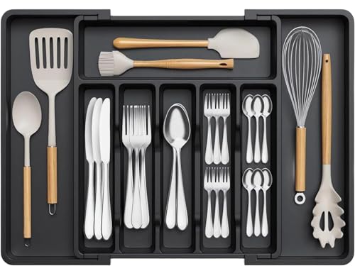 Image of Zollyss Cutlery Tray for Kitchen Drawer | Expandable Drawer Organizer Utensil Tray | Adjustable Cutlery & Flatware Holder for Spoons, Forks, Knives | Plastic Cutlery Organizer