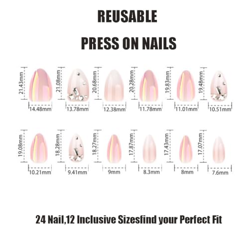 Image of Short Almond Press on Nails Chrome Fake Nails White Ombre Nails Press ons | White Gradient French Tip with Rhinestone Design Nude Full Cover Glossy Shiny Stick on Nails for Women Manicure 24Pcs