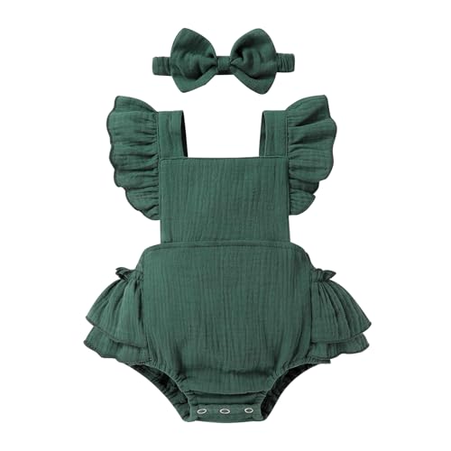 Image of Happy Town Baby Girl Clothes Toddler Summer Linen Romper Sleeveless Ruffle Outfits Infant Girls Jumpsuit with Headband
