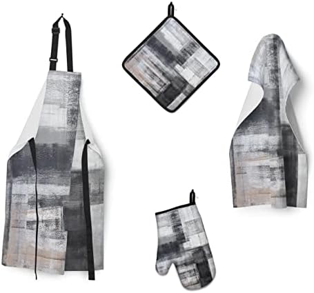 Yilinata Black and Grey Oven mitt and Pot Holder Set with Apron Absorbent Towel Modern Abstract Art Gray Pink 4 Piece for Hostess Kitchen Cooking Decor Kitchen Accessories Set Home Gifts