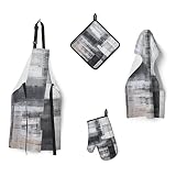 Yilinata Black and Grey Oven mitt and Pot Holder Set with Apron Absorbent Towel Modern Abstract Art