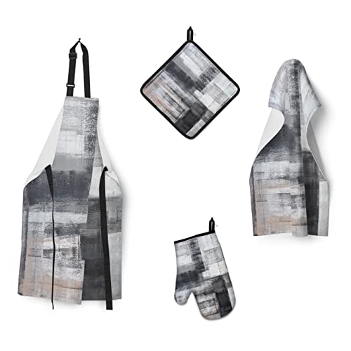 Yilinata Black And Grey Oven Mitt And Pot Holder Set With Apron Absorbent Towel Modern Abstract Art Gray Pink 4 Piece For Hostess Kitchen Cooking Decor Kitchen Accessories Set Home Gifts #TOP3