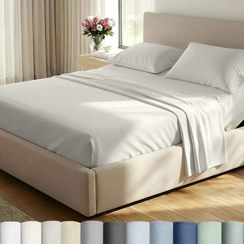 Image of California Design Den Split King Sheet Set - 500 Thread Count Sateen, 100% Cotton Split King Sheets Sets for Adjustable Bed, Deep Pockets Bedding, All Around Elastic for a Snug Fit - Eggshell Cream