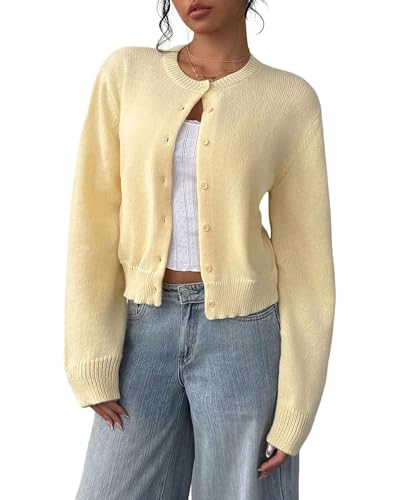 URMSPCL Cardigan Sweaters for Women Button Down Cropped Lightweight Cute Fall Fashion 2026 (Yellow,M)