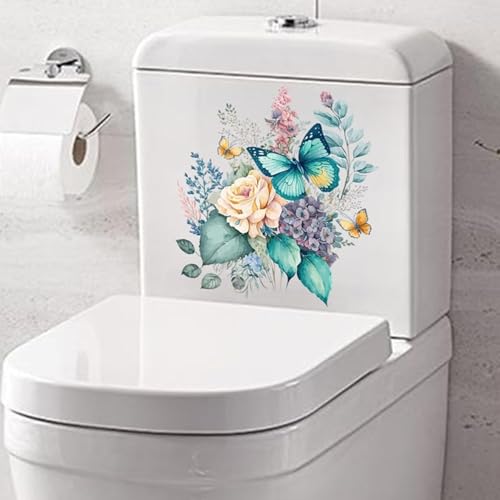 WC Aufkleber, Pfingstrose Schmetterlinge Badezimmer WC Sitz Deckel Abdeckung Abziehbilder Wasserdicht Selbstklebend Wandaufkleber für Badezimmer Dekor Toilettendeckel Abziehbilder