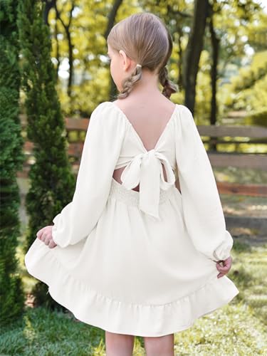 Batermoon Girls Long Sleeve Tie Back Dress Kids Fall Square Neck A-Line Mini Dresses 5-14 Years3