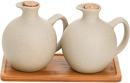 Elsjoy Set of 2 Ceramic Oil Vinegar Dispenser with Cork and Tray, 15 Oz Tabletop Oil Bottles Soy Sauce Jar, Decorative Olive Oil Stoneware Holder Vinegar Container for Kitchen