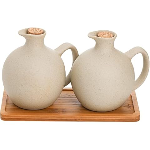 Elsjoy Set of 2 Ceramic Oil Vinegar Dispenser with Cork and Tray, 15 Oz Tabletop Oil Bottles Soy Sauce Jar, Decorative Olive Oil Stoneware Holder Vinegar Container for Kitchen Cover
