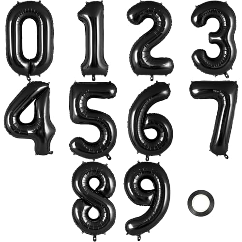 Image of 16 Inch Number 0-9 balloons, Black Number Foil Balloons, Small Mylar Numbers Balloon Custom Digital Balloons for Birthday Aniversary Baby Shower Party Decorations Supplies