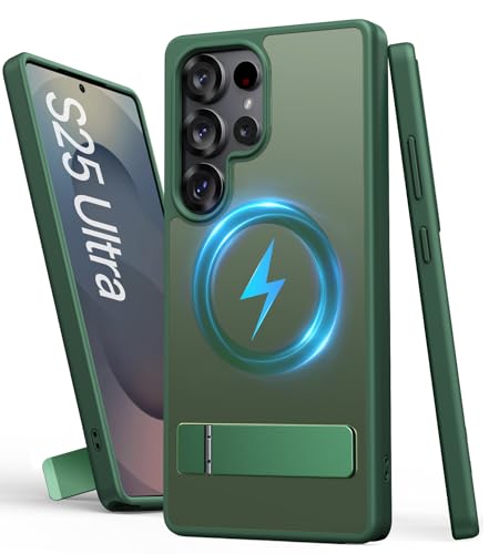 Image of Vihibii PC,Silicone For Samsung Galaxy S25 Ultra Magnetic Back Cover With Kickstand,[Compatible With Magsafe],Rugged Shockproof Protective Back,Translucent Matte Slim Phone Case For 6.9 inch,Green