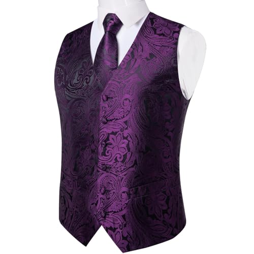 Image of DiBanGu Mens Vest and Tie Set Formal Paisley Waistcoat and Necktie Pocket Square Cufflinks Silk Suit Vest for Tuxedo Wedding