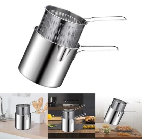 Image of Mini Deep Frying Pot with Basket - 1200ml Stainless Steel Fryer for French Fries, Chicken, Shrimp, Fish - Compact Deep Oil Fryer with Handle for Home Kitchen Cooking