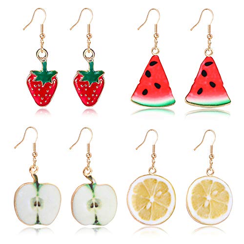 D.Rosse Creative Assorted Cute Fruits earring Cherry Strawberry Watermelon Dangle Drop Earrings Set for Women (Strawberry - watermelon - apple - lemon)