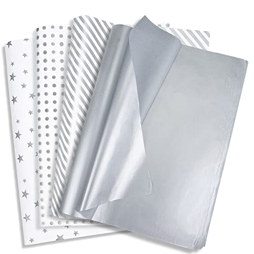 Image of Larcenciel 120 Sheets Metallic Silver Tissue Paper for Gift Bags, Gift Wrapping & Packaging, Glitter Gift Tissue Paper Bulk for Birthday Party Favor Decor DIY Fringes Shredded Fill Confetti,19.7x13.8