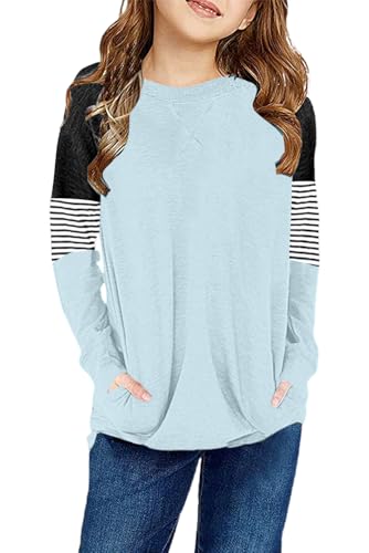Image of SELINK Girls Big Kids Long Sleeve Striped Color Block Pocket Tees | Casual Loose Fit With Side Pockets,Soft Stretch Polyester Blend For Big Girls Daily&Back To School Wear