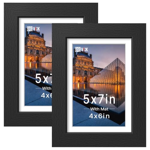 Image of VCK 5x7 Picture Frame with Real Glass, Black Wood Frame, 4x6 Mat, 2 Pack