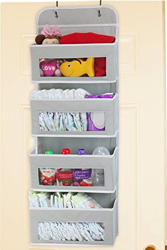 Simplehouseware Over Door/Wall Mount 4 Clear Window Pocket Organizer, Gray