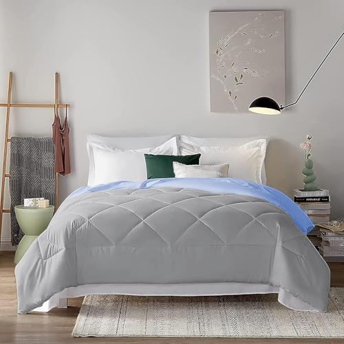 Image of Filbert 600 GSM Comforter for Single Bed | Super Warm Winter Quilt /Rajai | Thick Microfiber Blanket with Cloud-Soft Fill | Luxury Bedding for Winters - 60x90 Inch | Silver /Sky Blue