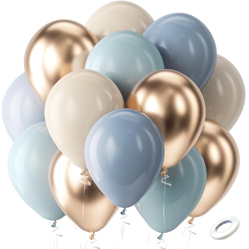 Bezente Dusty Blue Gold Balloons Kit 60pcs 12 inch Baby Blue Sand White Champagne Gold Helium Latex Balloons for Boho Birthday Baby Bridal Shower Gender Reveal Wedding Engagement Party Decoration