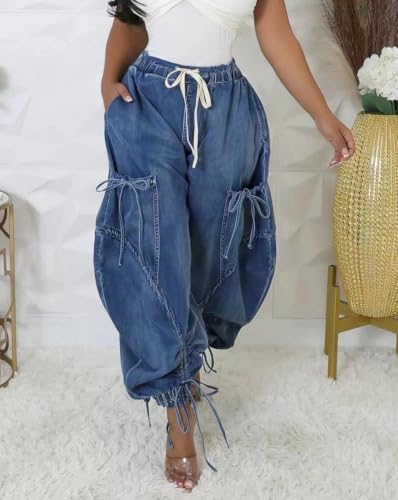 Voghtic Women's Baggy Y2K Elastic Waisted Jeans Bow-Knot Drawstring Pull-On Cargo Denim Pants Harem Pants Streetwear3
