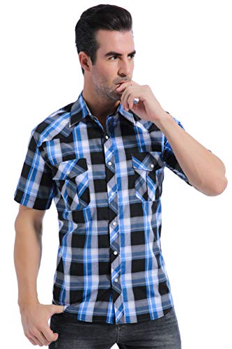 Coevals Club Men's Casual Plaid Pearl Button Snap Front Short Sleeve Shirt Regular Fit (Black/Blue #19, M)