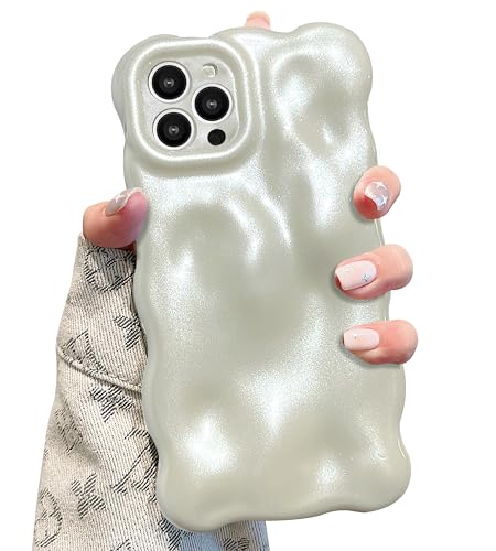 UEEBAI Ripple Case for iPhone 15 Pro Max Cute Silver Cover Wave Shape for iPhone Case Pretty Aesthetic 3D Phone Cover Water Ripple Shell 3D Chrome Design for Women and Girl Pearl White