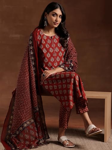 Image of Libas Womens Printed Cotton Straight Kurta with Trousers and Dupatta Suit